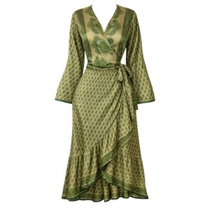 Wrap Midi Dress Boho Whimsigoth Festival Paisley Green One Size Darn Good Yarn
